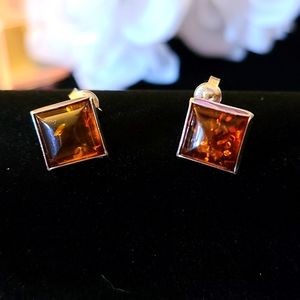 Vintage 5.6ct Baltic Amber Sterling Silver Princess Cut Earrings